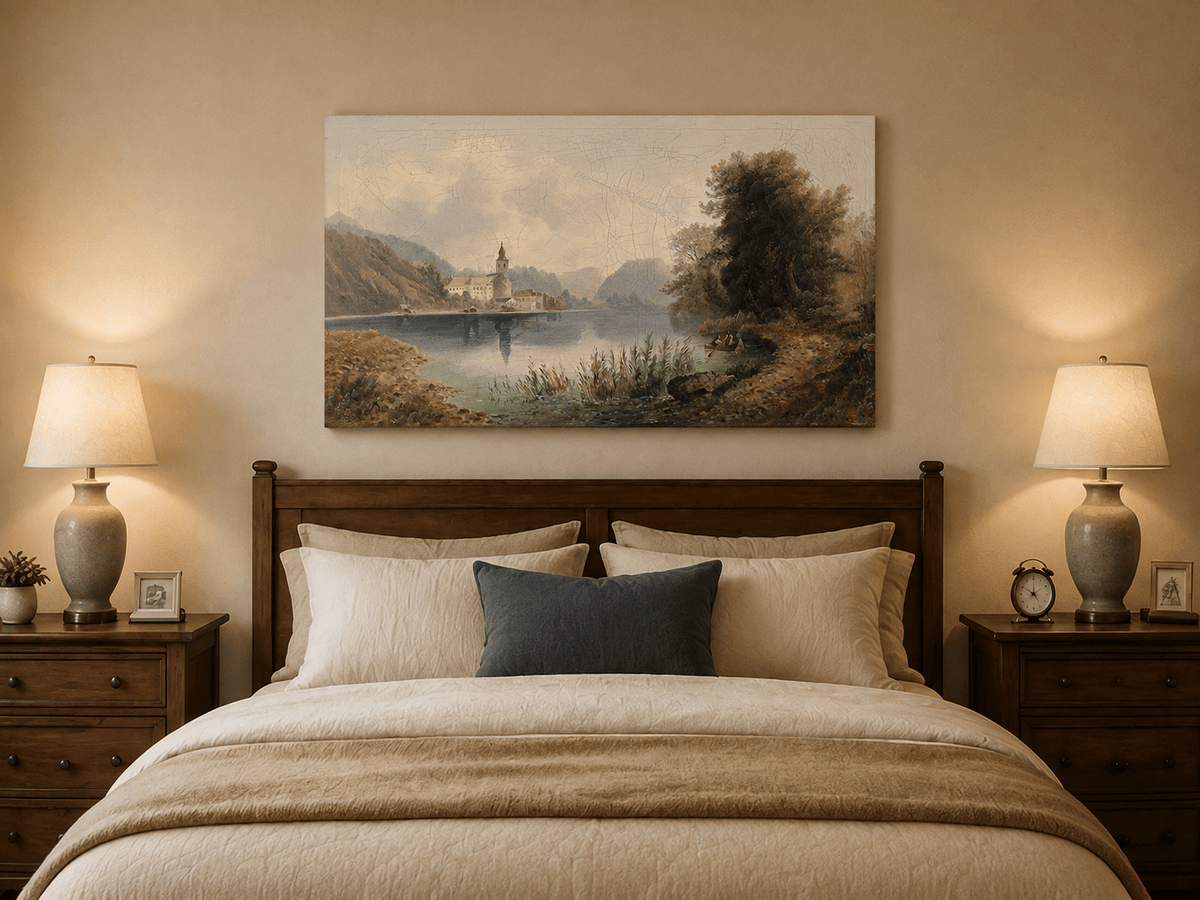 Lakeside church and rowboat oil painting displayed as landscape wall decor.