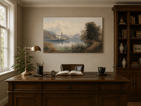 Interior wall art view featuring a lakeside church complex and rowboat oil painting.