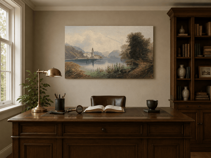 Interior wall art view featuring a lakeside church complex and rowboat oil painting.