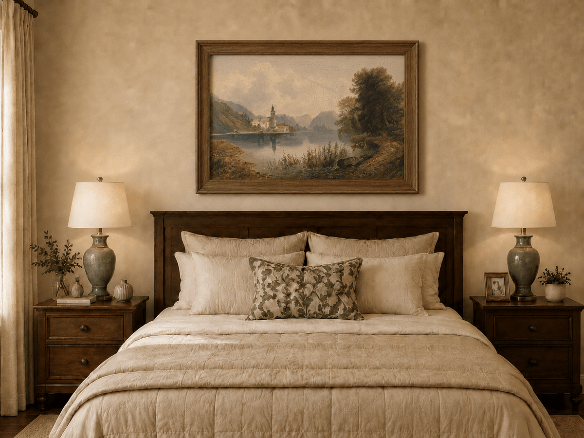 Hand-painted lakeside church complex with rowboat artwork displayed as decorative wall art.