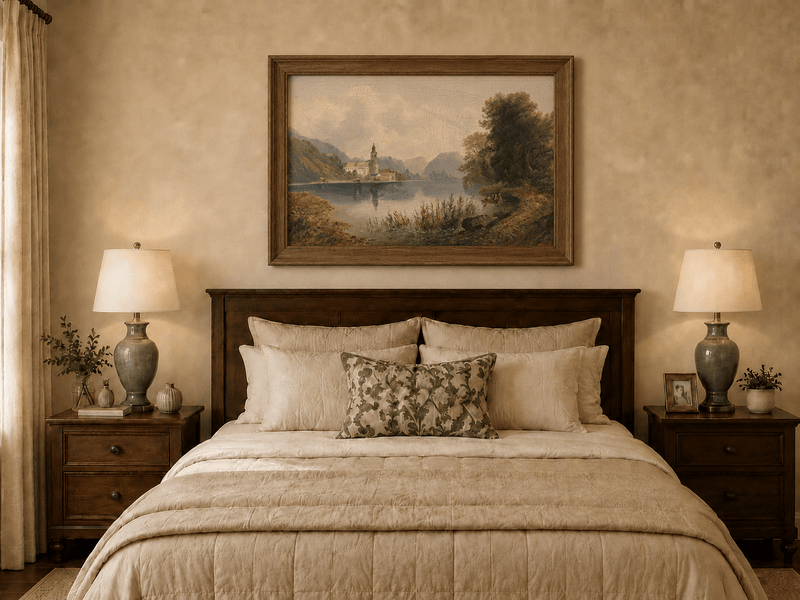 Hand-painted lakeside church complex with rowboat artwork displayed as decorative wall art.