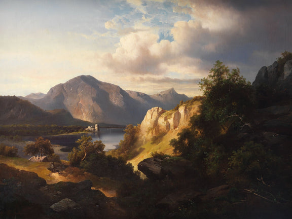 Landscape Oil Painting - Lake, Mountain, Castle Ruin & Sunlit Cliff - Oil Painting Haven