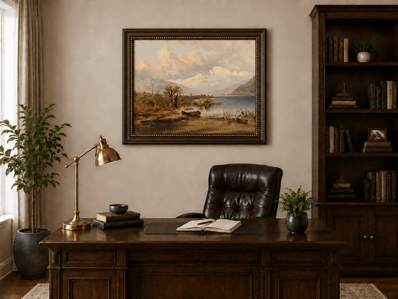 Lake, rowboat, autumn shore and snowy peaks landscape oil painting in an interior wall art mockup.
