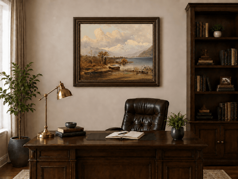 Lake, rowboat, autumn shore and snowy peaks landscape oil painting in an interior wall art mockup.