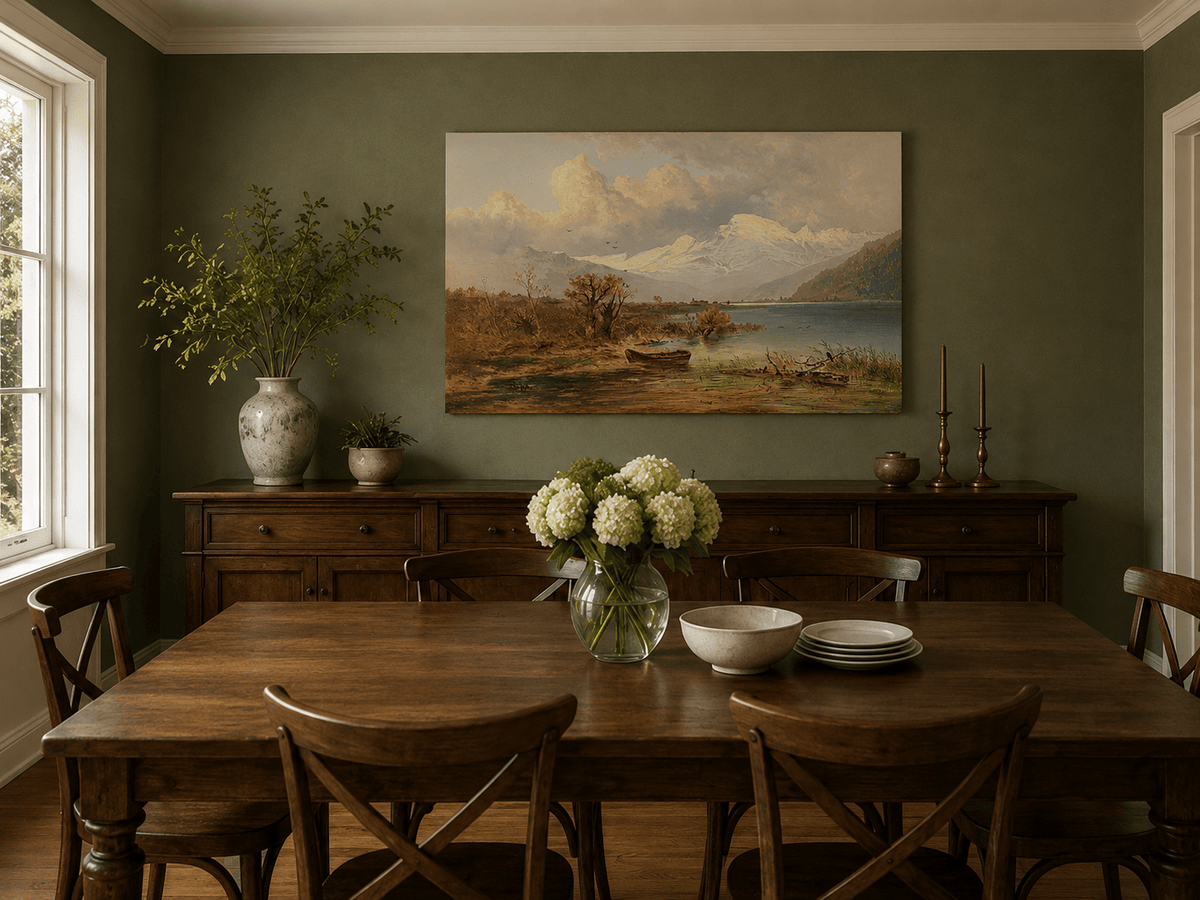 Hand-painted autumn lake and snowy mountain landscape artwork in an interior display.