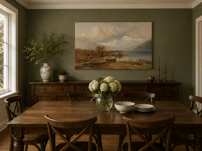 Hand-painted autumn lake and snowy mountain landscape artwork in an interior display.