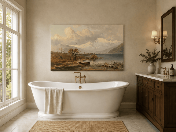 Lake with rowboat, autumn shore and snow-capped peaks landscape oil painting presented as styled home decor.