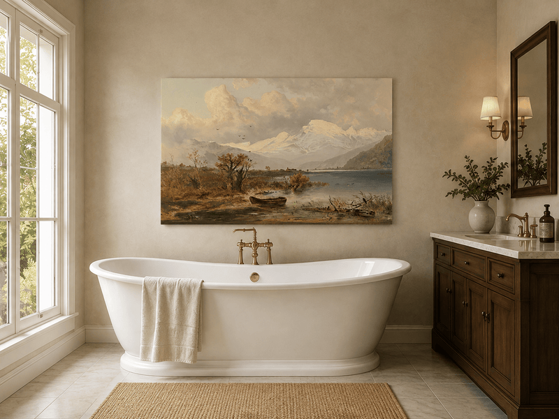 Lake with rowboat, autumn shore and snow-capped peaks landscape oil painting presented as styled home decor.
