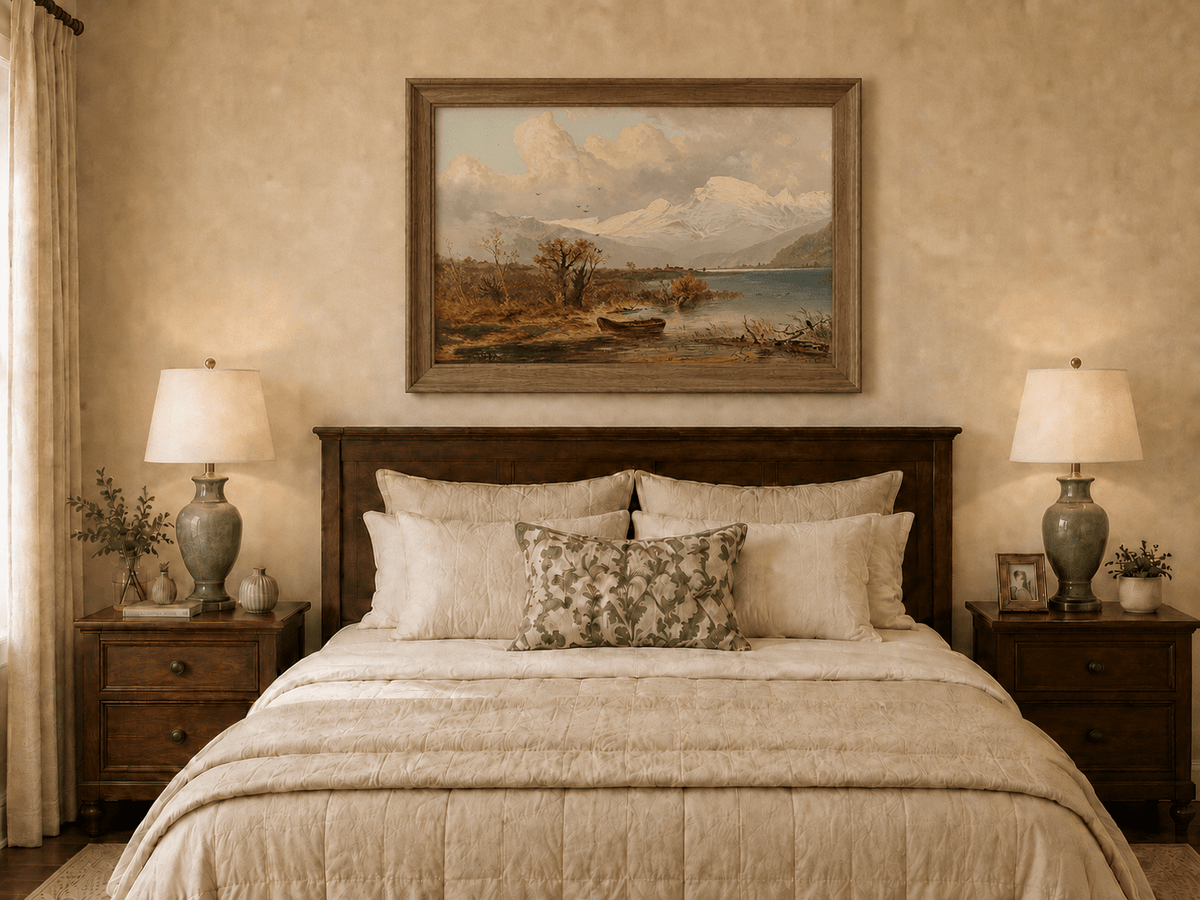 Hand-painted lake with rowboat and snow-capped peaks artwork displayed as decorative wall art.