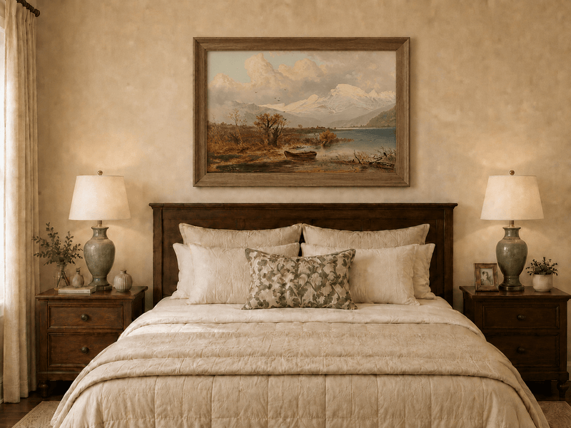 Hand-painted lake with rowboat and snow-capped peaks artwork displayed as decorative wall art.