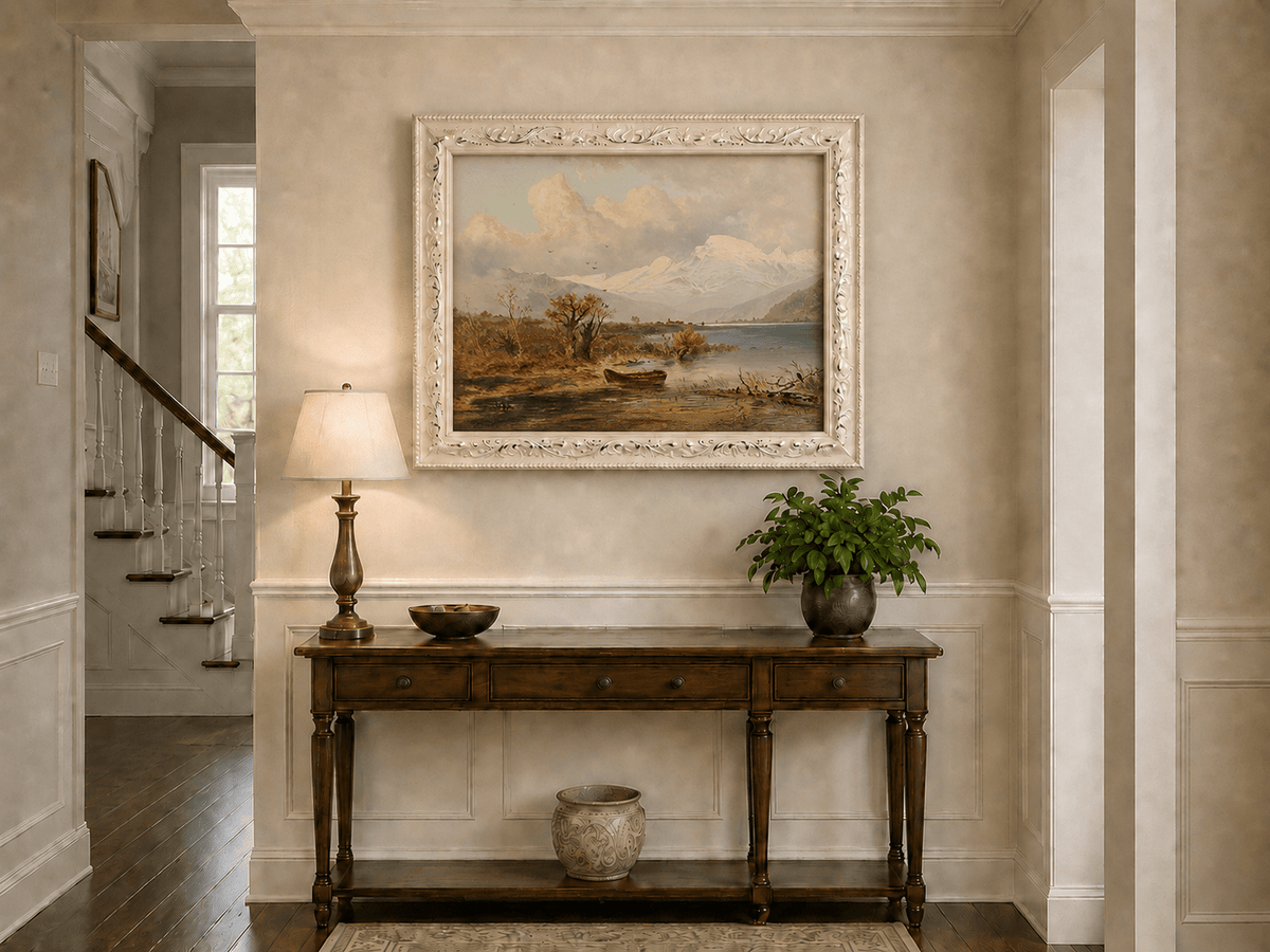 Lake with rowboat and autumn shore hand-painted oil artwork shown as home wall decor.