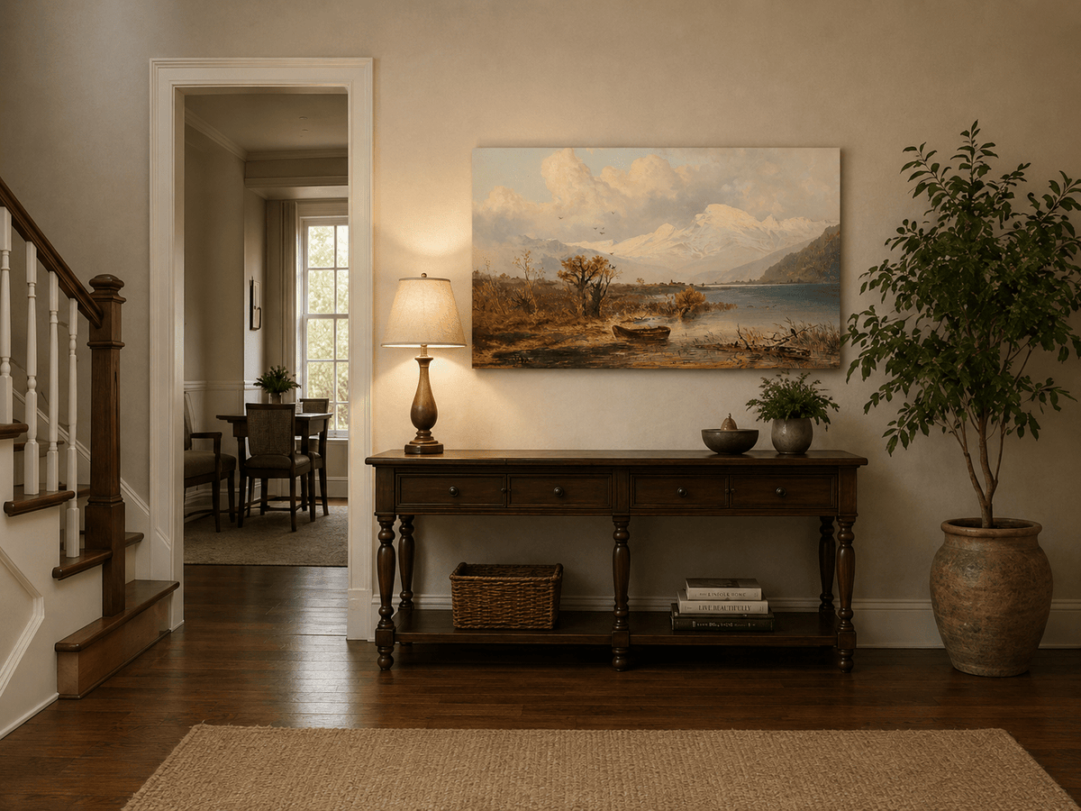 Lake and snowy mountain landscape painting shown as decorative oil wall art.