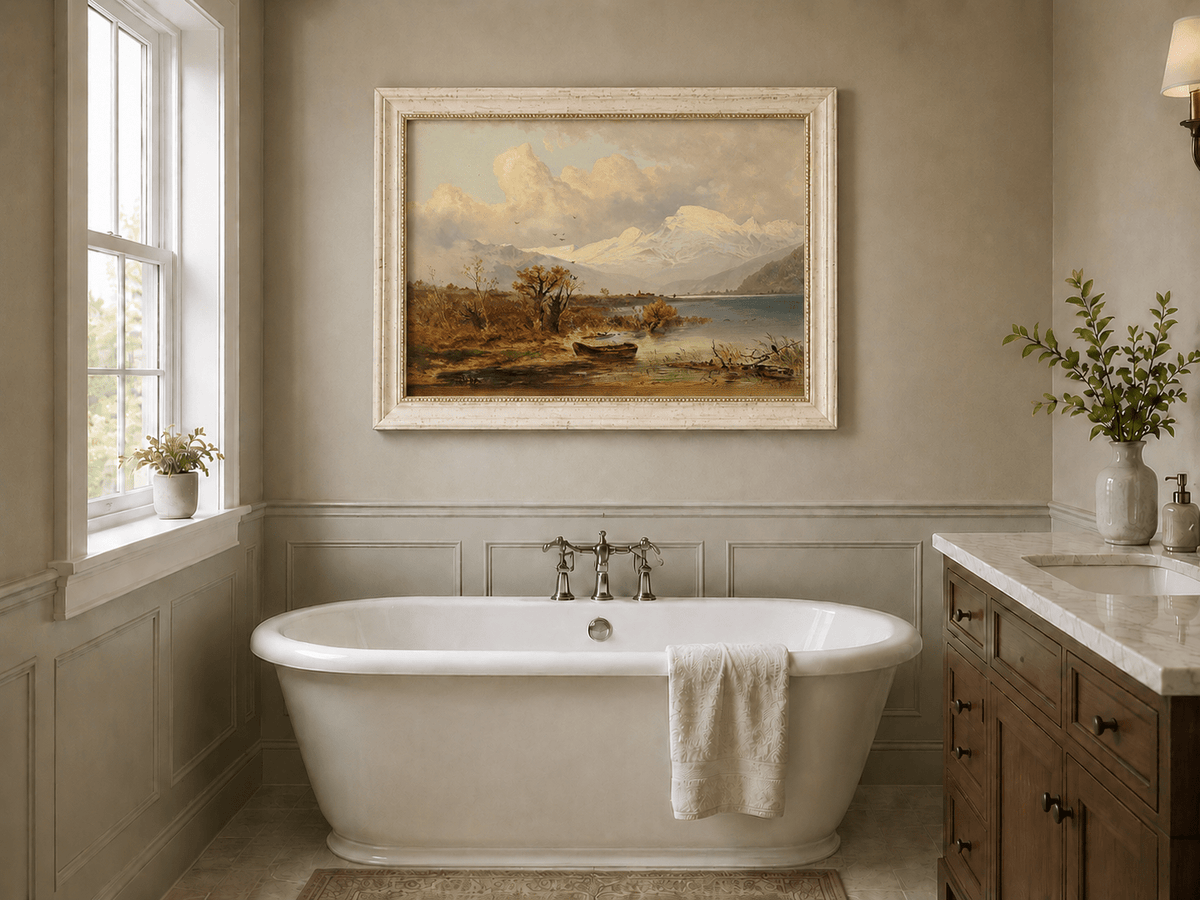 Lake with rowboat, autumn shore and snowy peaks landscape oil painting presented as interior home decor.