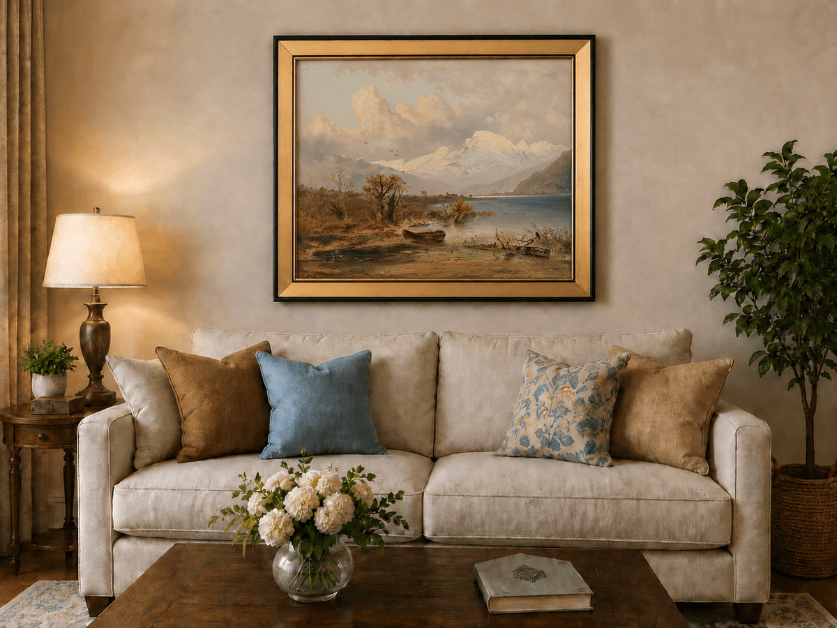 Lake with rowboat, autumn shore and snow-capped peaks landscape oil painting displayed in a styled home interior.