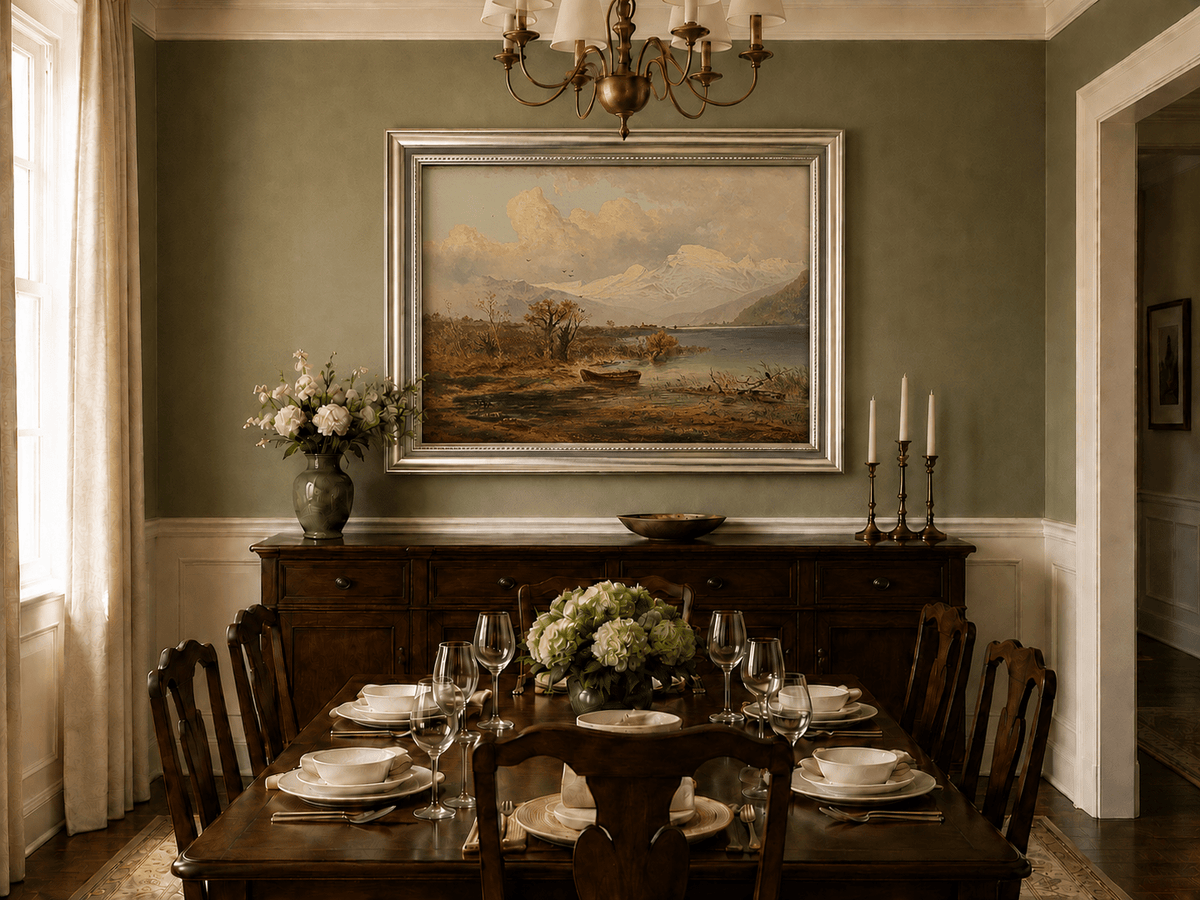 Autumn lakeside rowboat and mountain oil landscape artwork shown in a styled home interior.