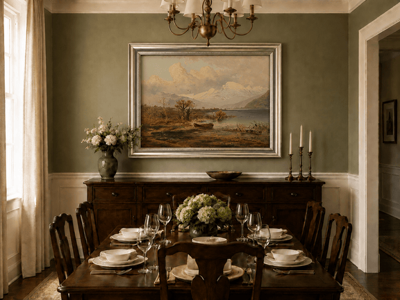Autumn lakeside rowboat and mountain oil landscape artwork shown in a styled home interior.