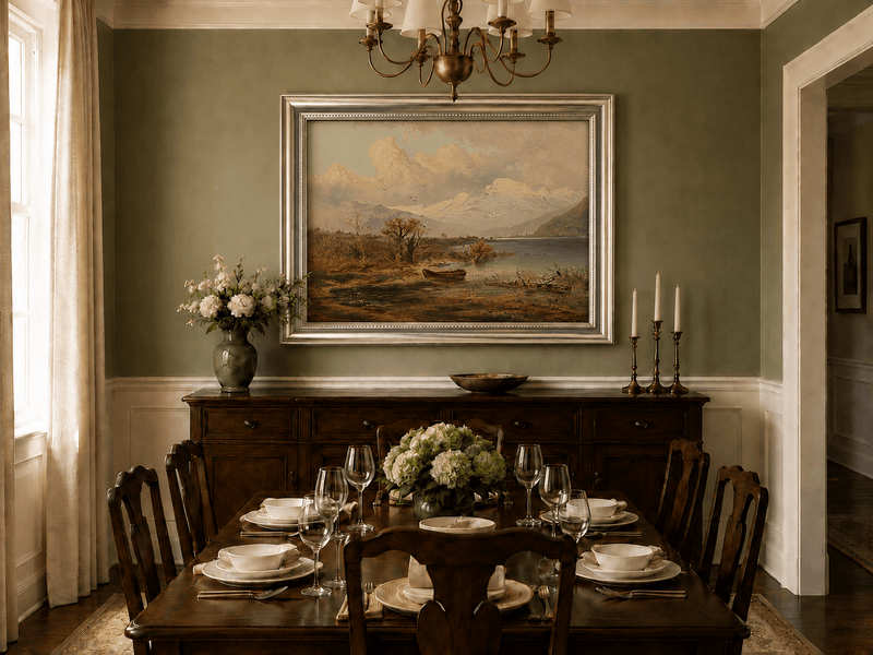 Autumn lakeside rowboat and mountain oil landscape artwork shown in a styled home interior.