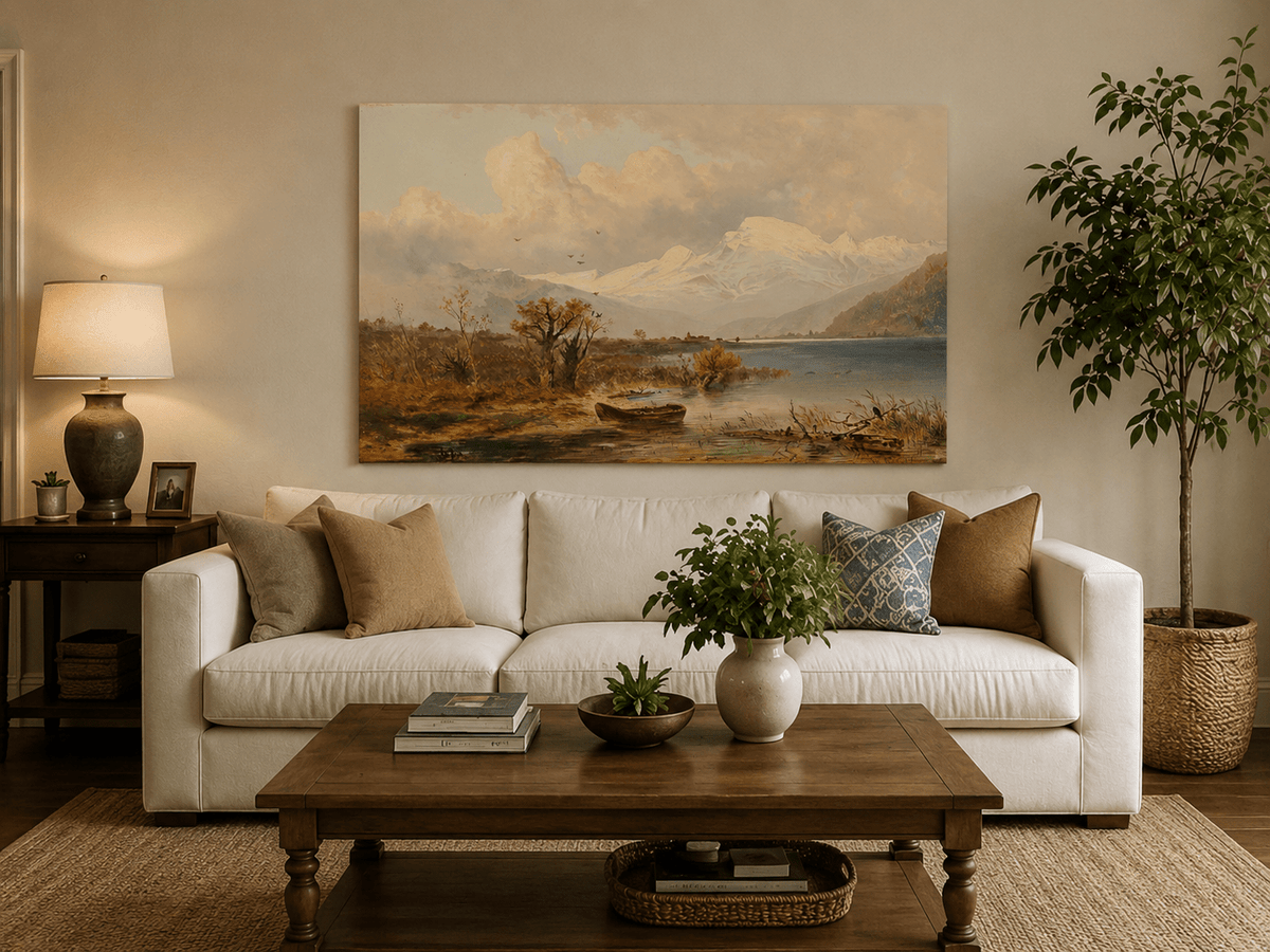 Lake with rowboat and autumn shore hand-painted oil artwork displayed in a second interior view.