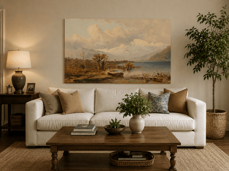 Lake with rowboat and autumn shore hand-painted oil artwork displayed in a second interior view.