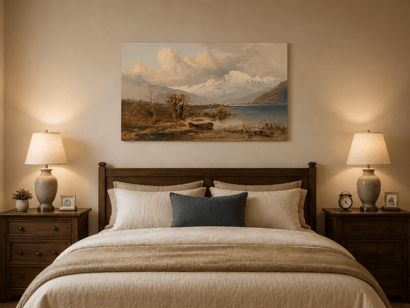 Lake with rowboat and autumn shore oil painting displayed as landscape wall decor.