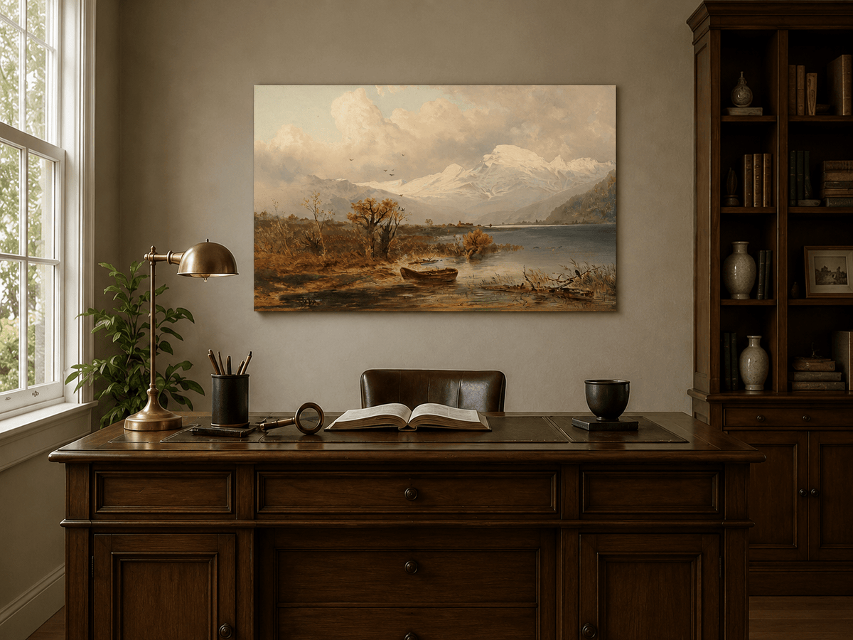 Interior wall art view featuring a lake, rowboat, autumn shore and snow-capped peaks oil painting.