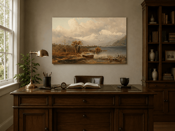 Interior wall art view featuring a lake, rowboat, autumn shore and snow-capped peaks oil painting.