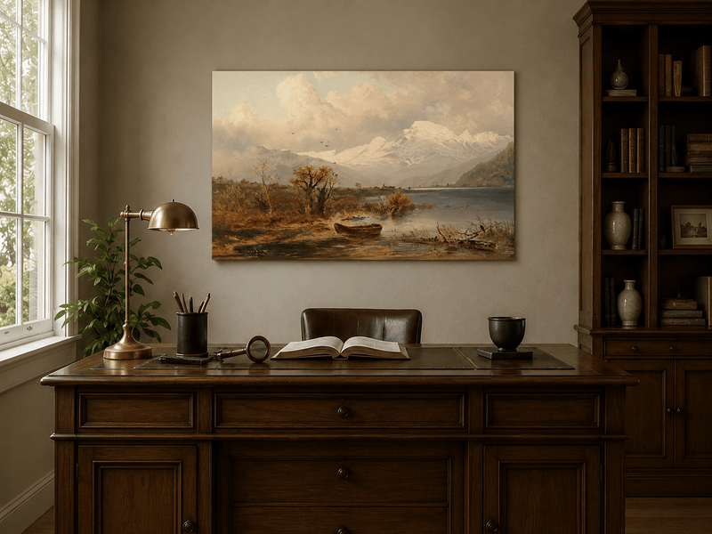 Interior wall art view featuring a lake, rowboat, autumn shore and snow-capped peaks oil painting.