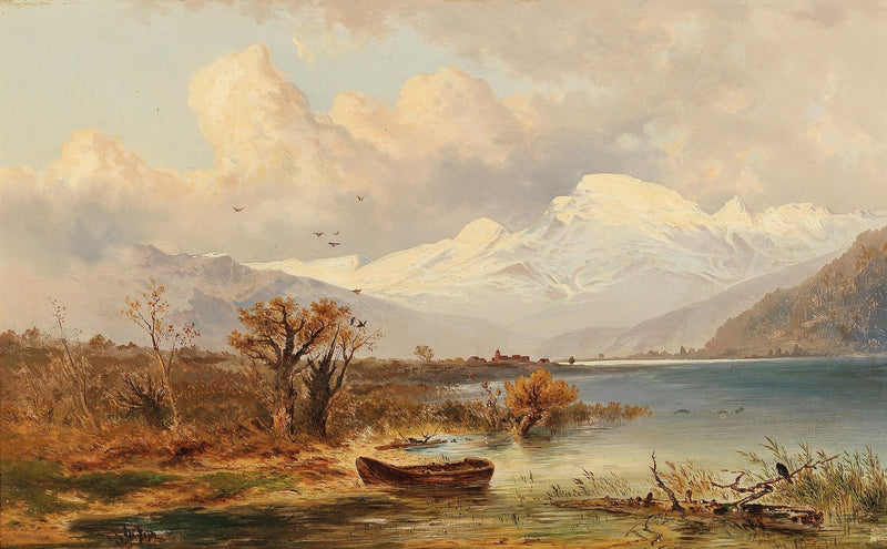 Landscape Oil Painting - Lake, Rowboat, Autumn Shore & Snow - Capped Peaks - Oil Painting Haven