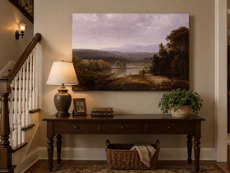 Peinture à l'huile de paysage - Lac, voilier, collines lointaines et rivage