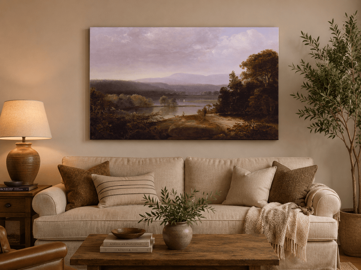 Peinture à l'huile de paysage - Lac, voilier, collines lointaines et rivage