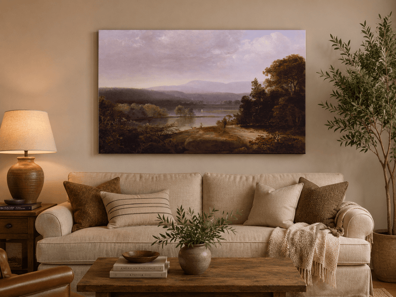 Peinture à l'huile de paysage - Lac, voilier, collines lointaines et rivage
