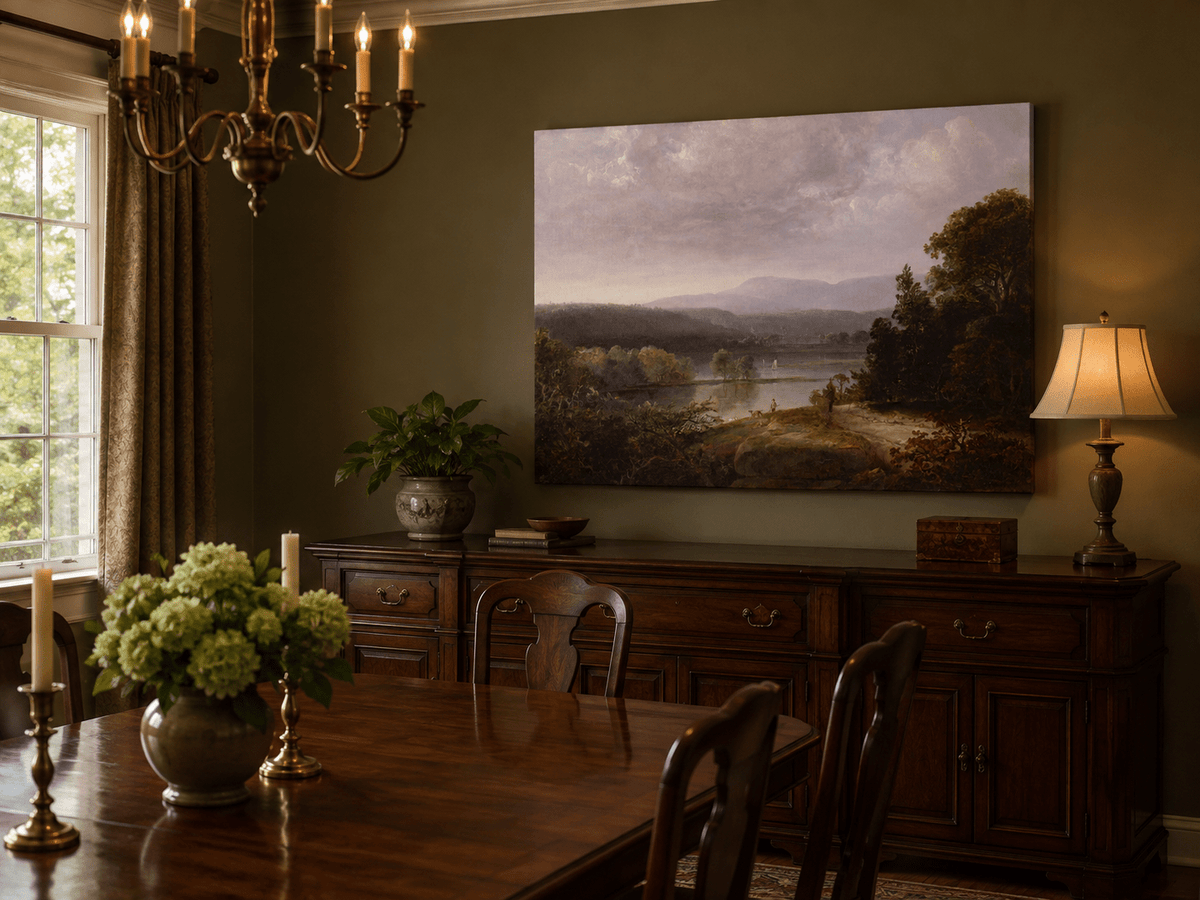 Peinture à l'huile de paysage - Lac, voilier, collines lointaines et rivage
