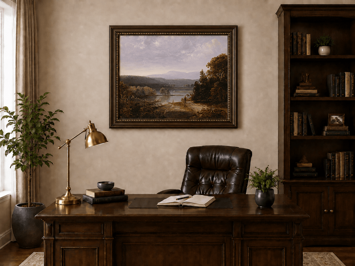 Peinture à l'huile de paysage - Lac, voilier, collines lointaines et rivage