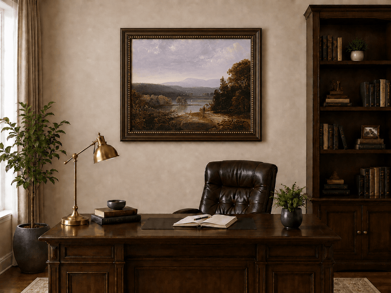 Peinture à l'huile de paysage - Lac, voilier, collines lointaines et rivage