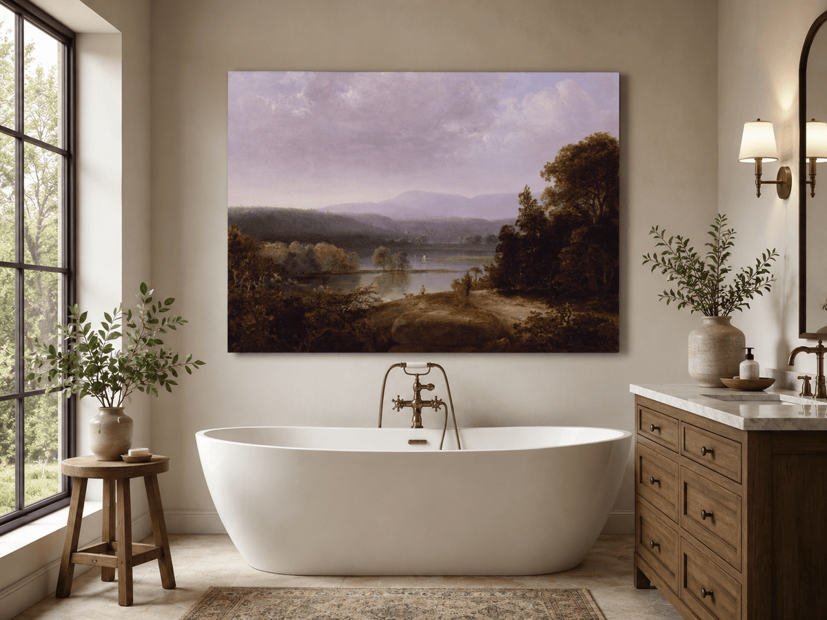 Peinture à l'huile de paysage - Lac, voilier, collines lointaines et rivage