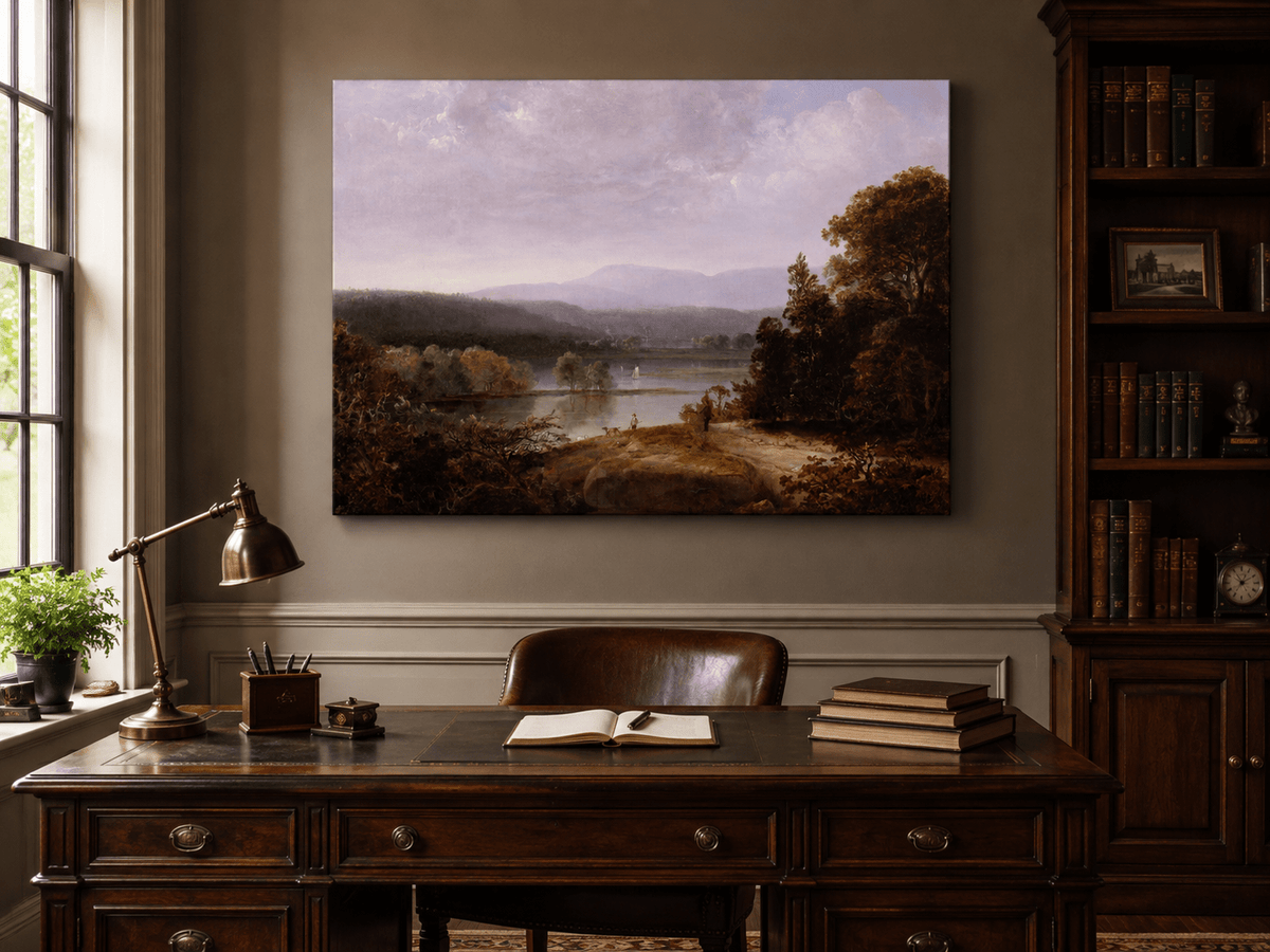 Peinture à l'huile de paysage - Lac, voilier, collines lointaines et rivage