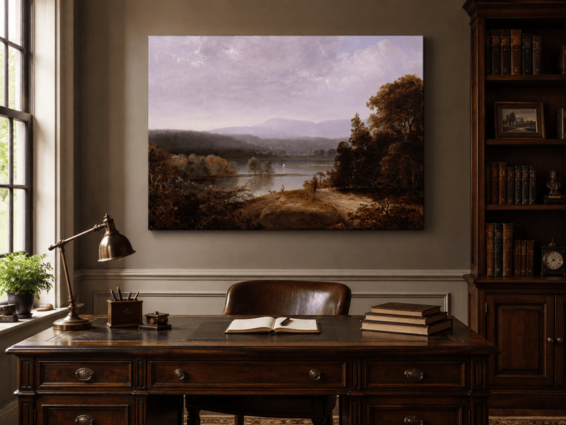 Peinture à l'huile de paysage - Lac, voilier, collines lointaines et rivage