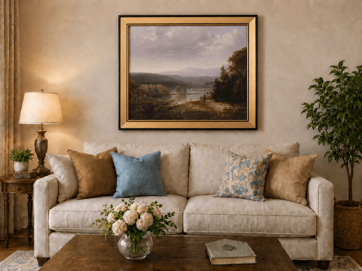 Peinture à l'huile de paysage - Lac, voilier, collines lointaines et rivage