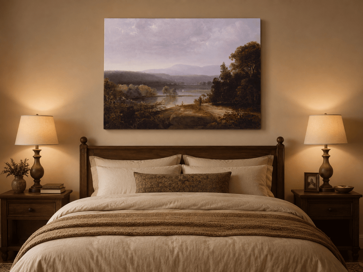 Peinture à l'huile de paysage - Lac, voilier, collines lointaines et rivage