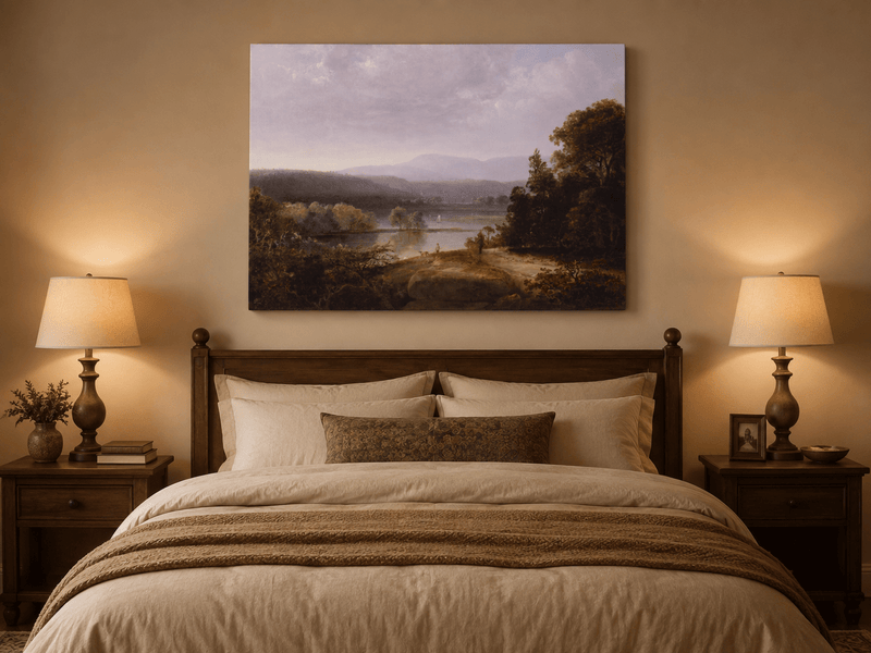 Peinture à l'huile de paysage - Lac, voilier, collines lointaines et rivage