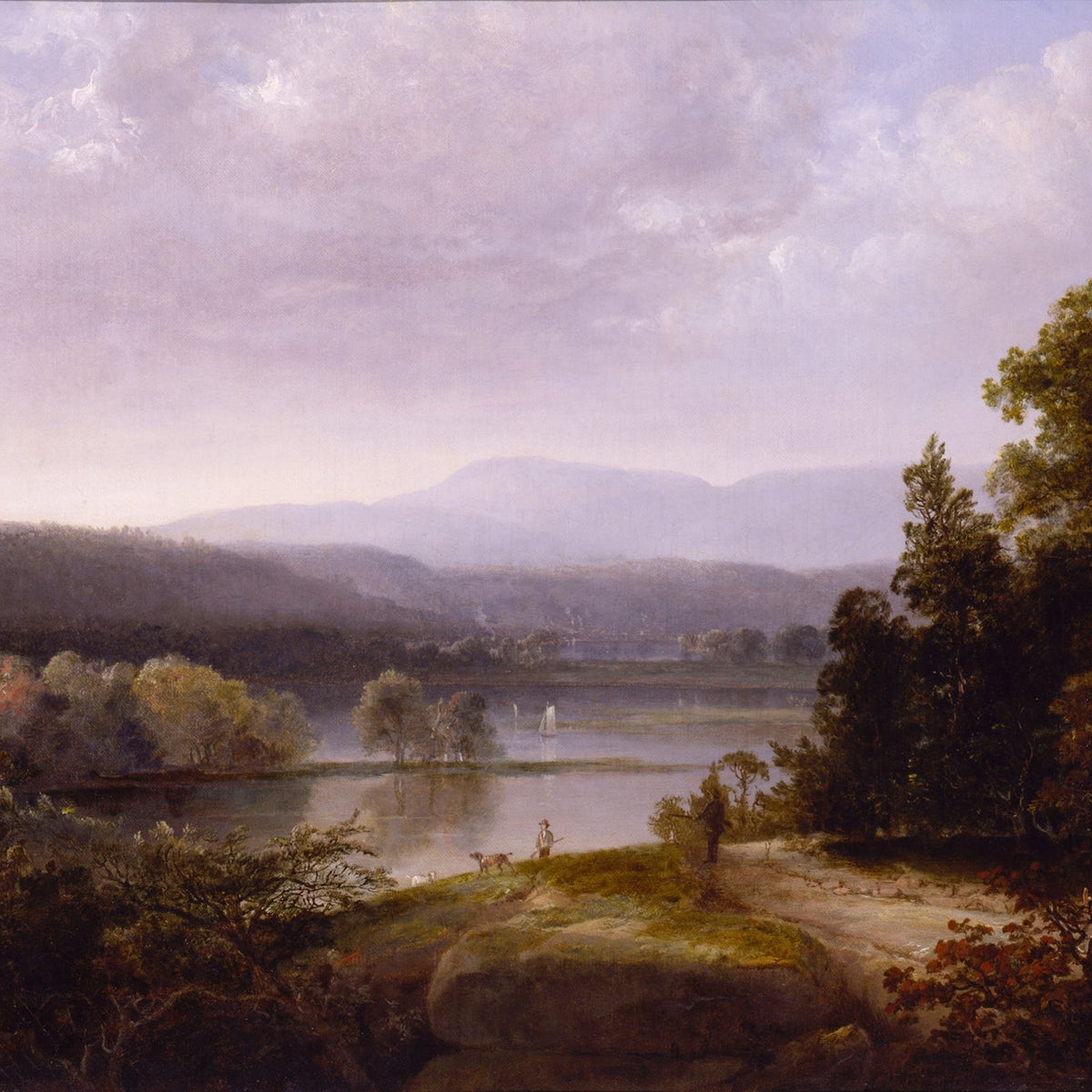 Landscape Oil Painting - Lake, Sailboat, Distant Hills & Shore Path - Oil Painting Haven