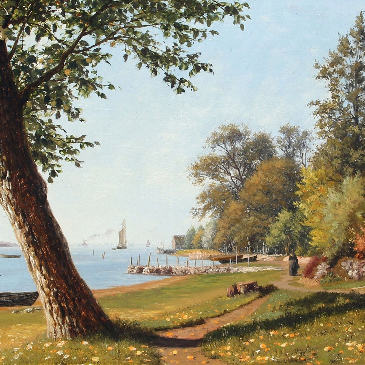 Landscape Oil Painting - Lake Shore Autumn, Tree, Path, Boats & Sail - Oil Painting Haven
