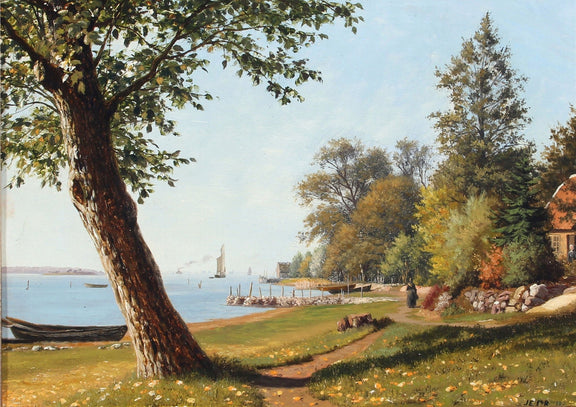 Landscape Oil Painting - Lake Shore Autumn, Tree, Path, Boats & Sail - Oil Painting Haven