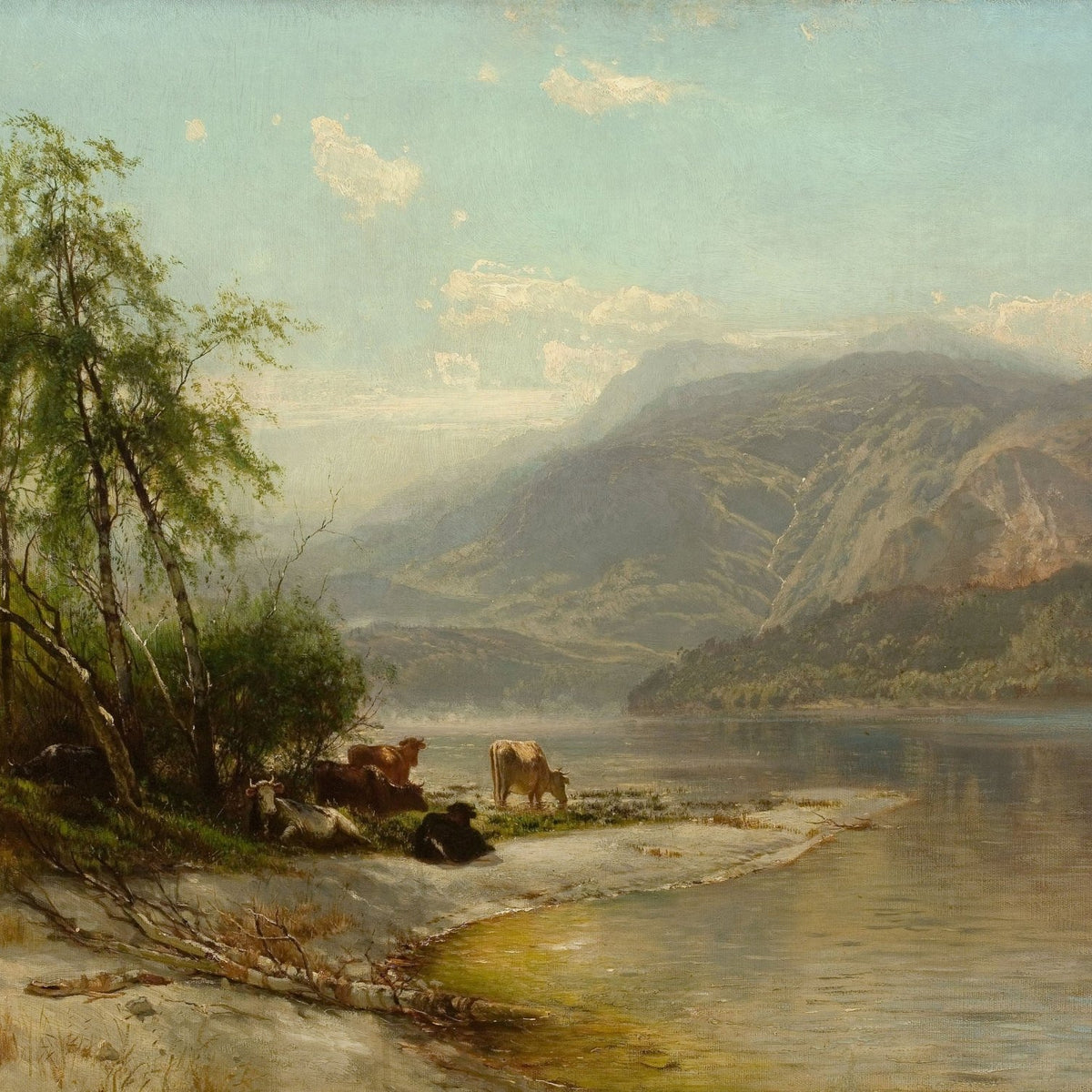 Landscape Oil Painting - Lake Shore Cattle, Mountains & Trees - Oil Painting Haven