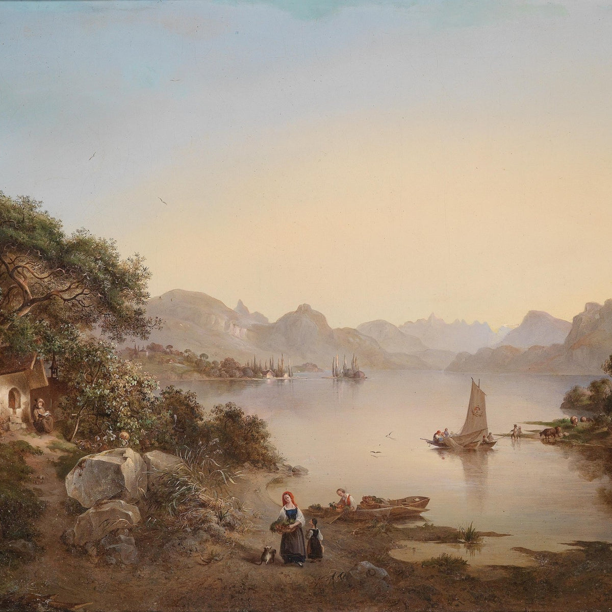 Landscape Oil Painting - Lake Shore Cottage, Sailboats & Distant Mountain - Oil Painting Haven