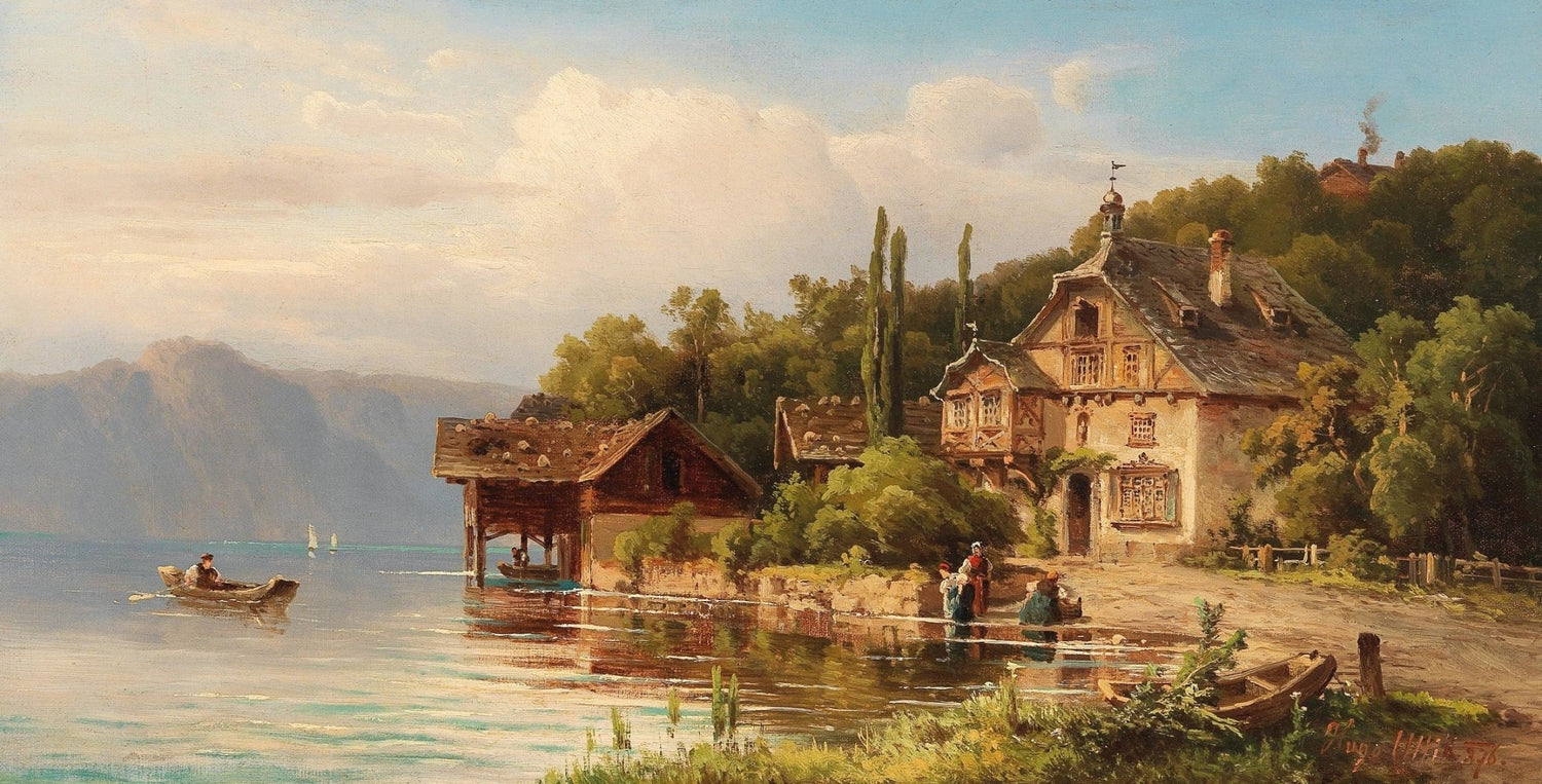 Landscape Oil Painting - Lake Shore Cottage with Washerwomen - Oil Painting Haven