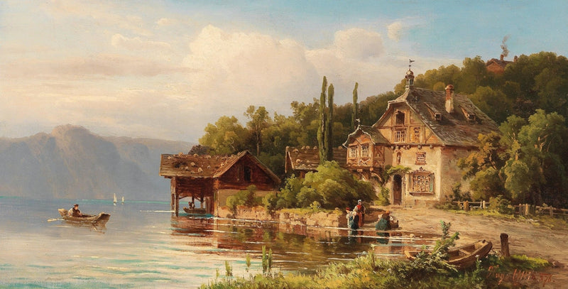 Hand-painted lake shore cottage with washerwomen landscape oil painting on canvas