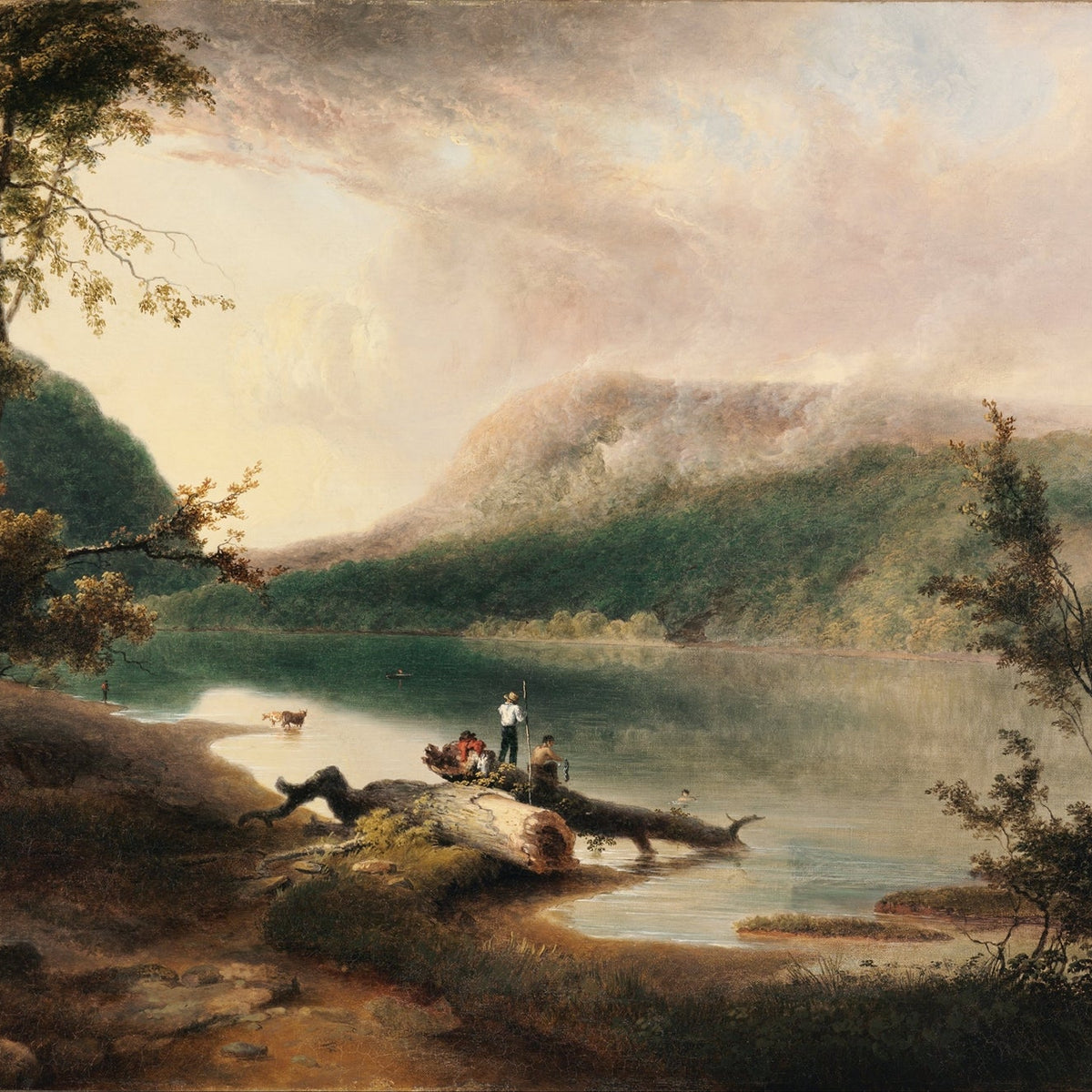 Landscape Oil Painting - Lake, Shore Figures & Distant Wooded Hills - Oil Painting Haven