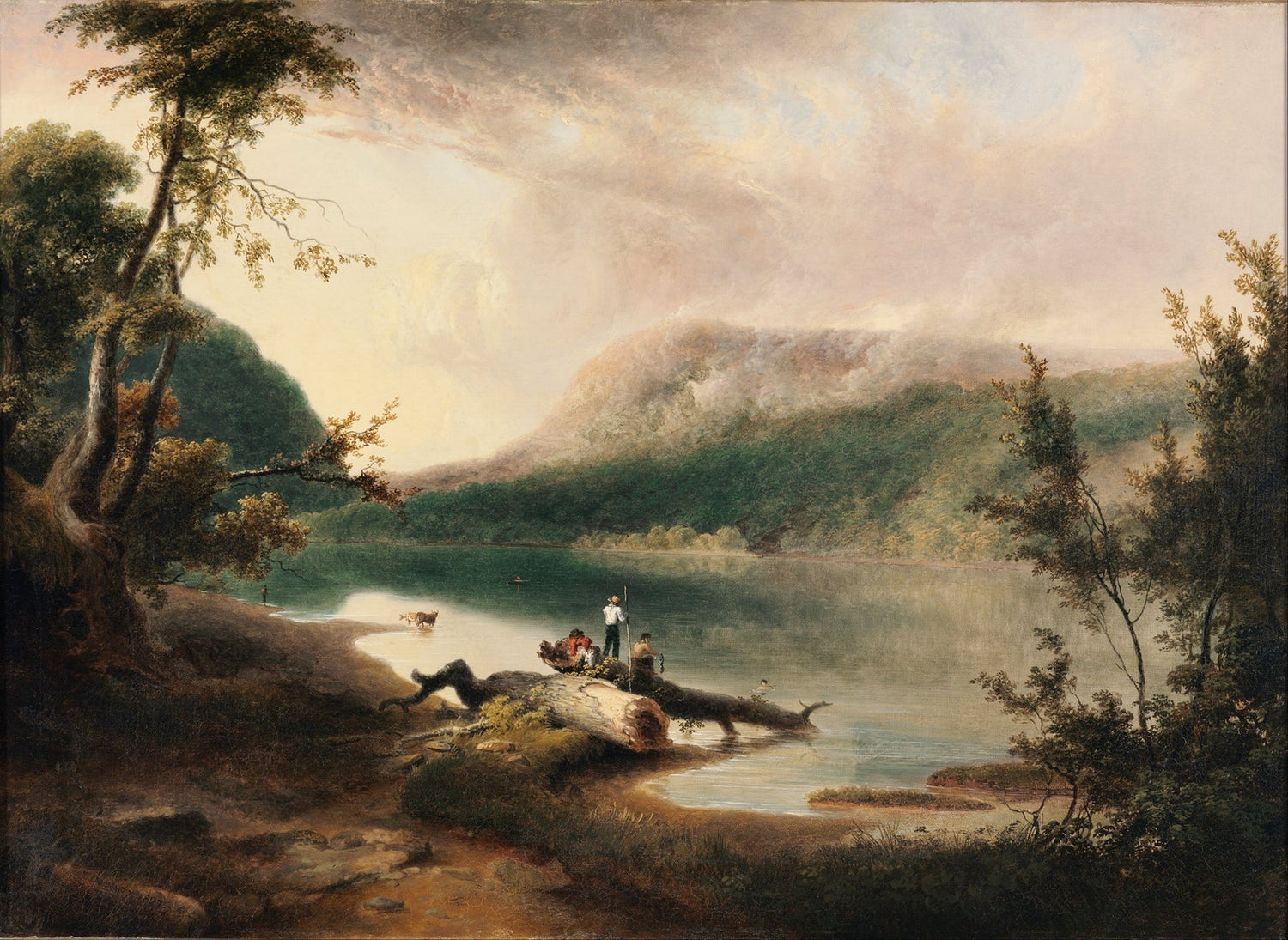 Landscape Oil Painting - Lake, Shore Figures & Distant Wooded Hills - Oil Painting Haven