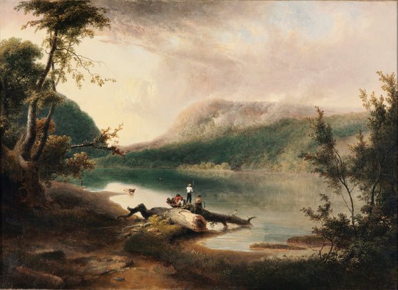 Landscape Oil Painting - Lake, Shore Figures & Distant Wooded Hills - Oil Painting Haven